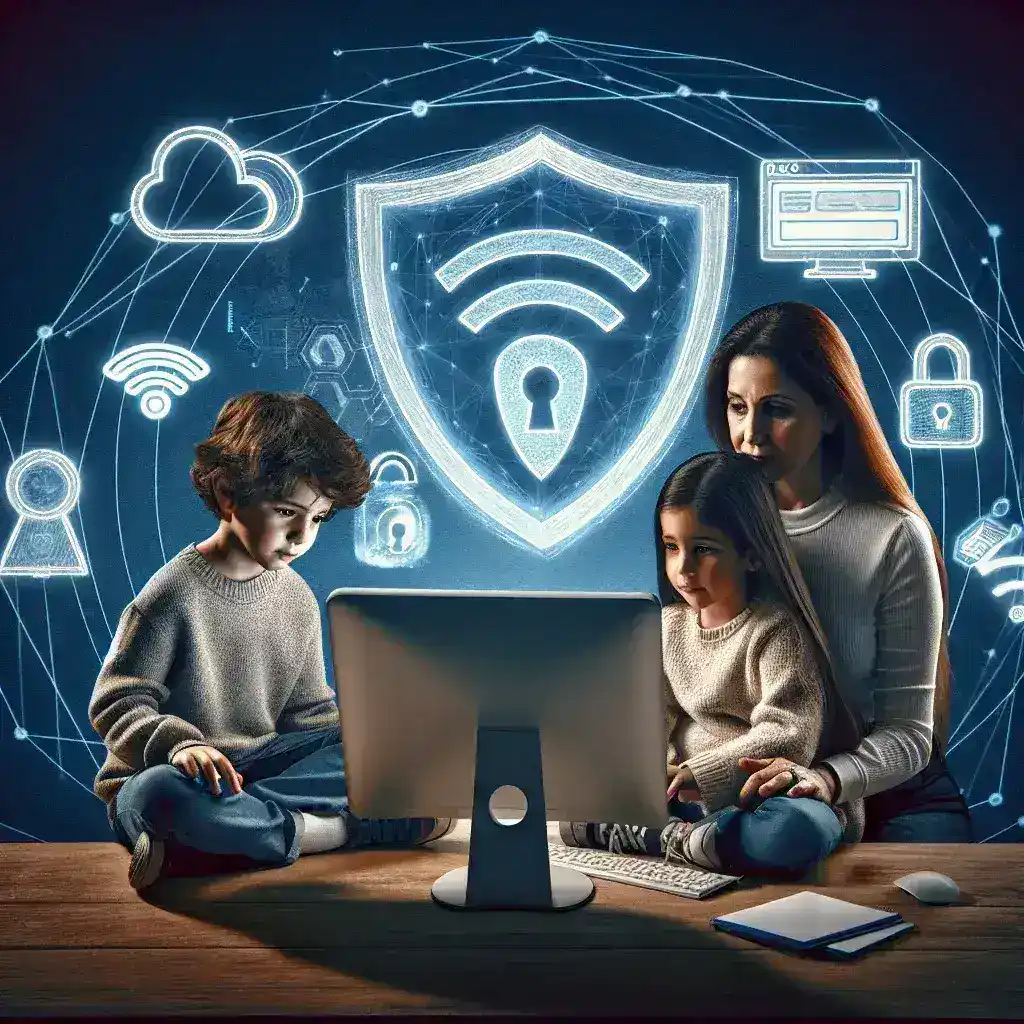 "Niño usando una tableta con herramientas de control parental activas, simbolizando la protección infantil en internet y medidas preventivas para garantizar la seguridad online."