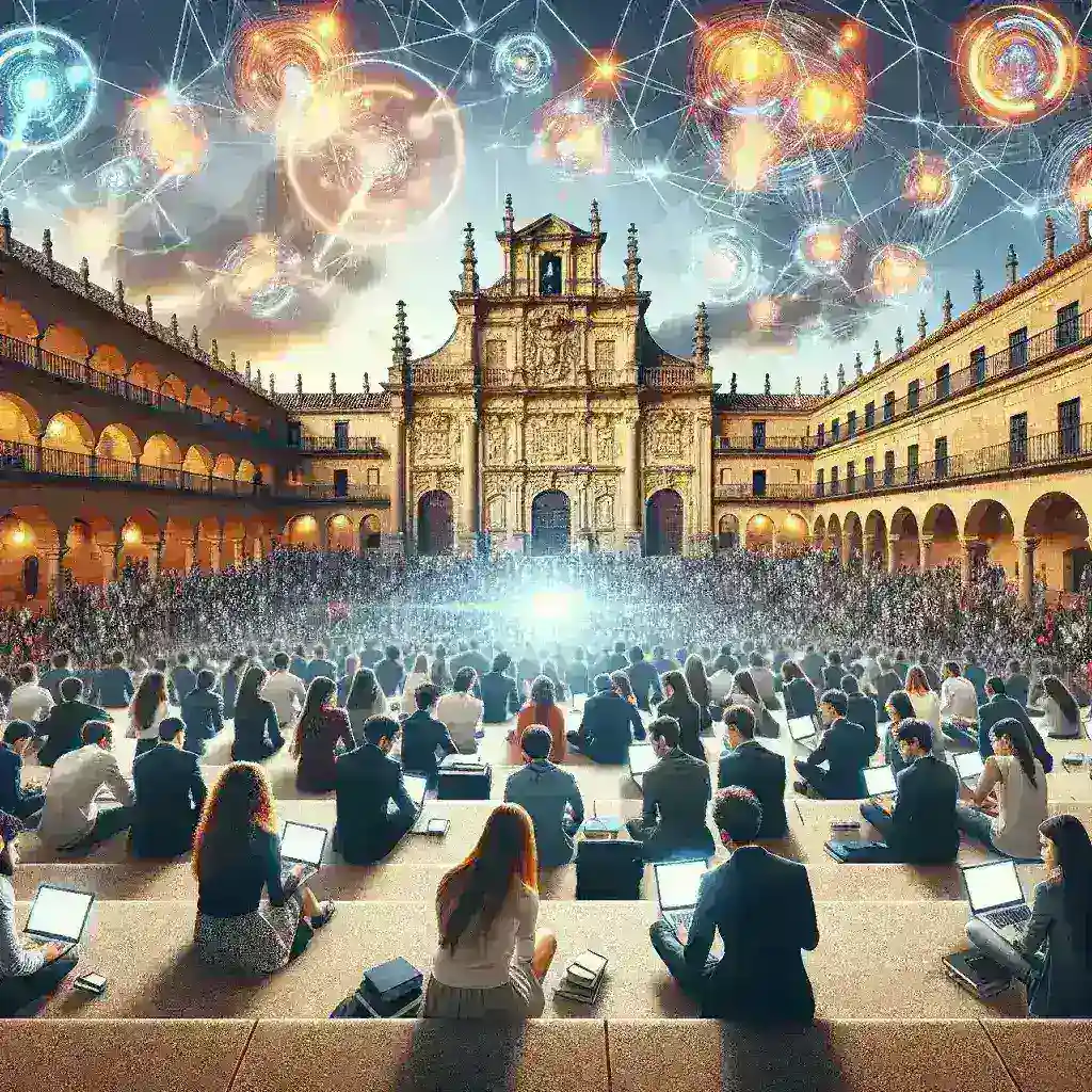 "Imagen de la Universidad de Salamanca, destacando la nueva plataforma de datos abiertos de investigación, con estudiantes y académicos utilizando tecnología avanzada para acceder a información académica."