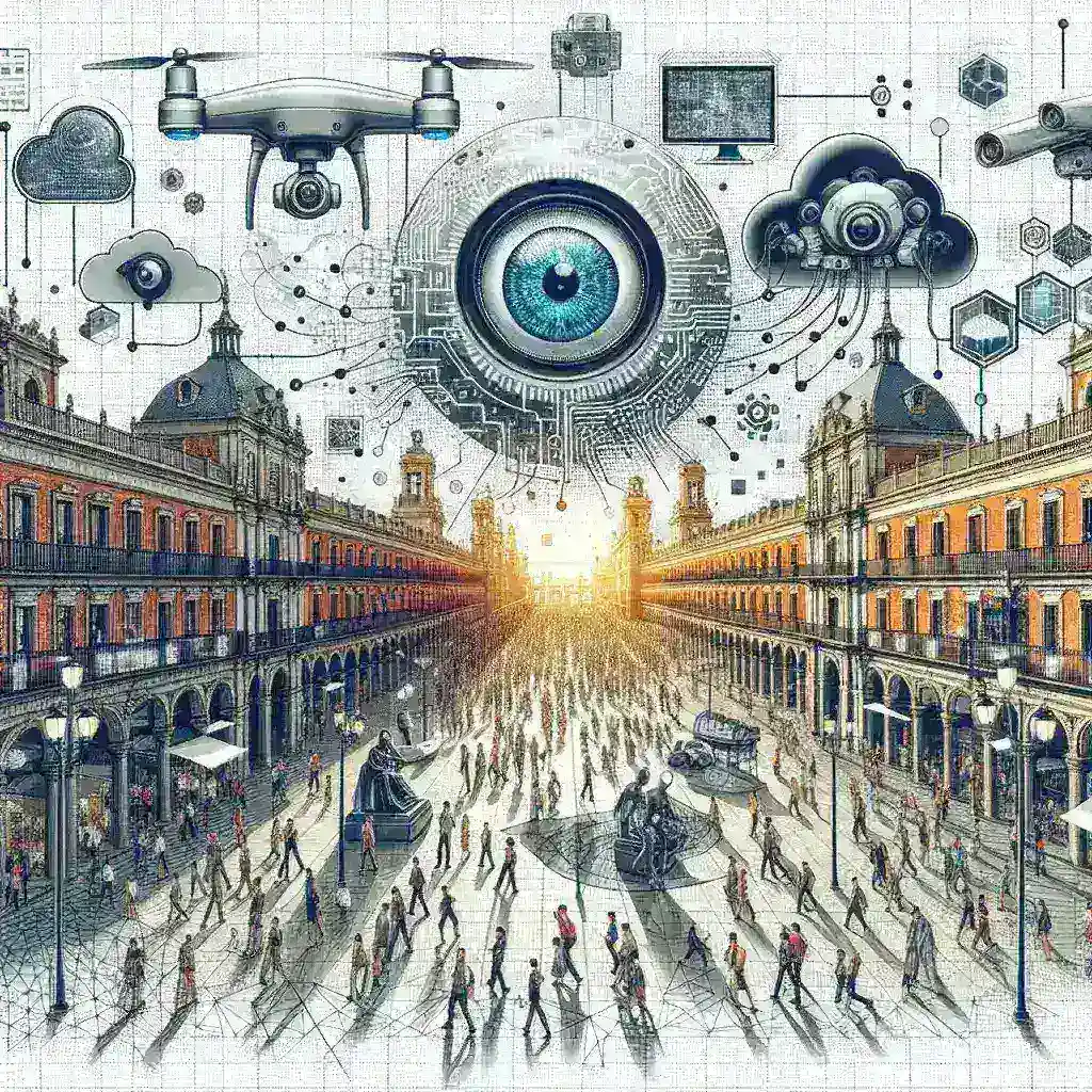 "Imagen de un sistema de inteligencia artificial realizando análisis en tiempo real de imágenes de vigilancia masiva en España, destacando la integración de tecnología avanzada en la seguridad pública."